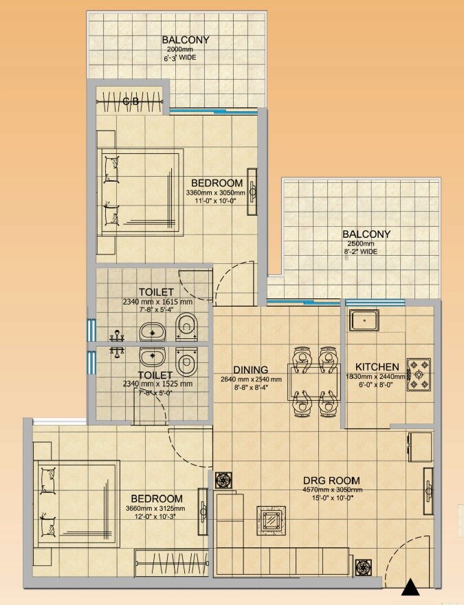 Floor plan of 2 BHK 1040 Sq. Ft. Apartment in Gaur City 2 - 14th Avenue, Greater Noida