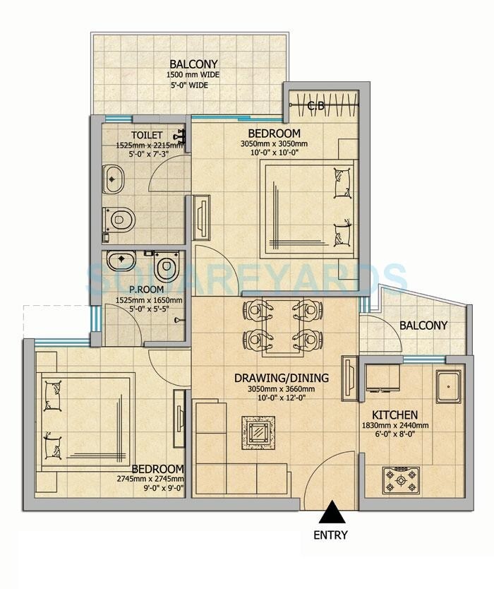 Floor plan of 2 BHK 855 Sq. Ft. Apartment in Gaur City 2 - 14th Avenue, Greater Noida