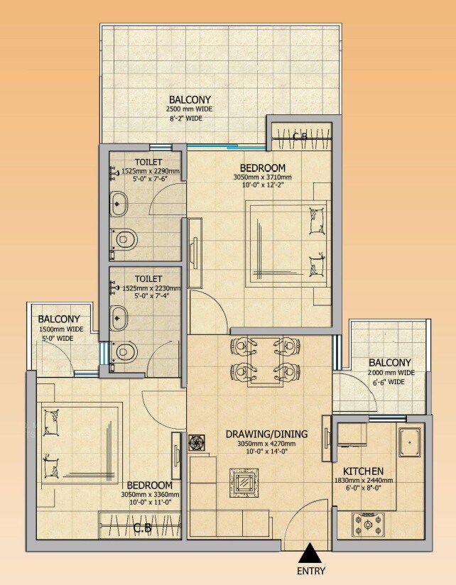 Floor plan of 2 BHK 985 Sq. Ft. Apartment in Gaur City 2 - 14th Avenue, Greater Noida