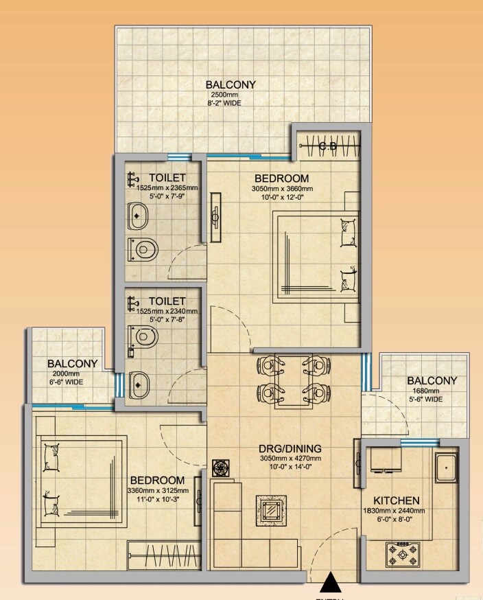 Floor plan of 2 BHK 990 Sq. Ft. Apartment in Gaur City 2 - 14th Avenue, Greater Noida