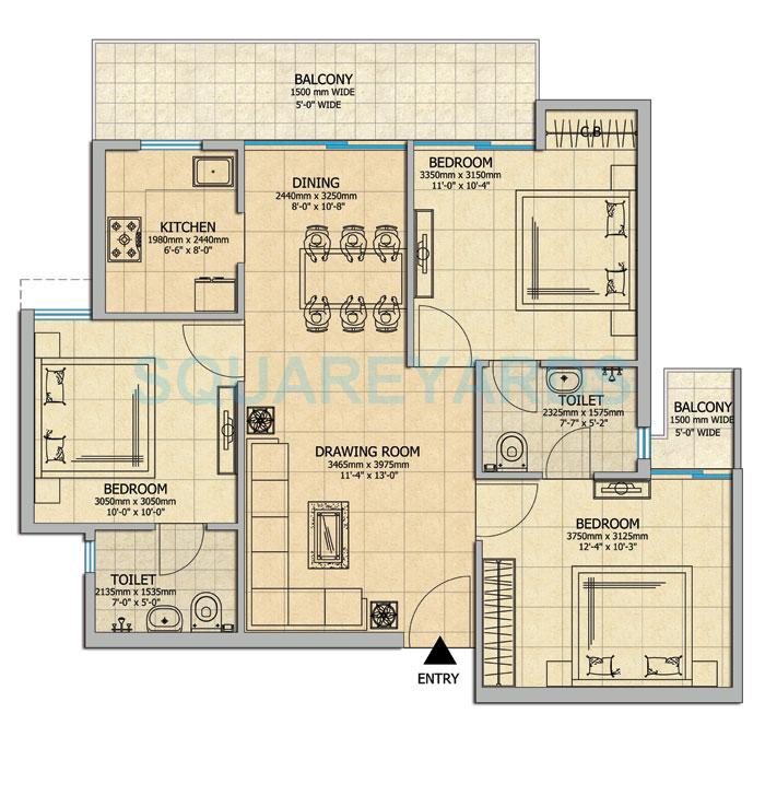 Floor plan of 3 BHK 1160 Sq. Ft. Apartment in Gaur City 2 - 14th Avenue, Greater Noida