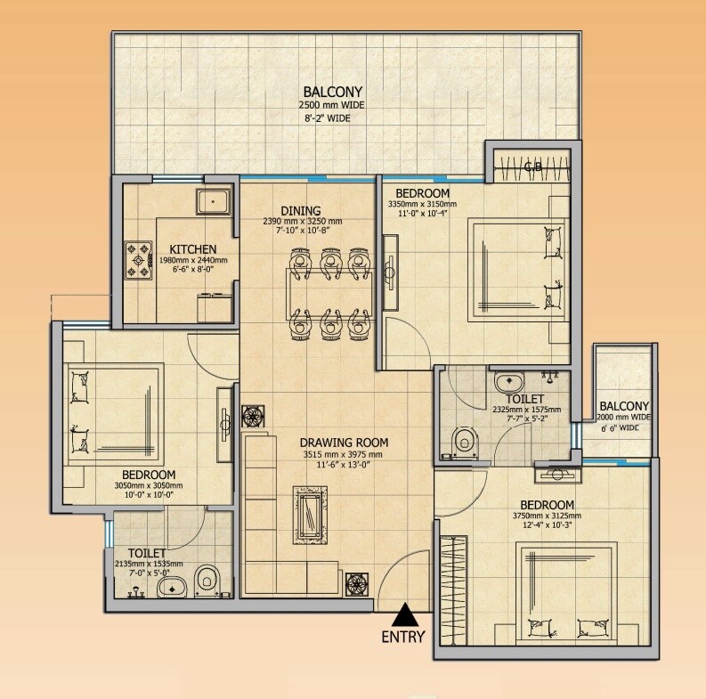 Floor plan of 3 BHK 1300 Sq. Ft. Apartment in Gaur City 2 - 14th Avenue, Greater Noida