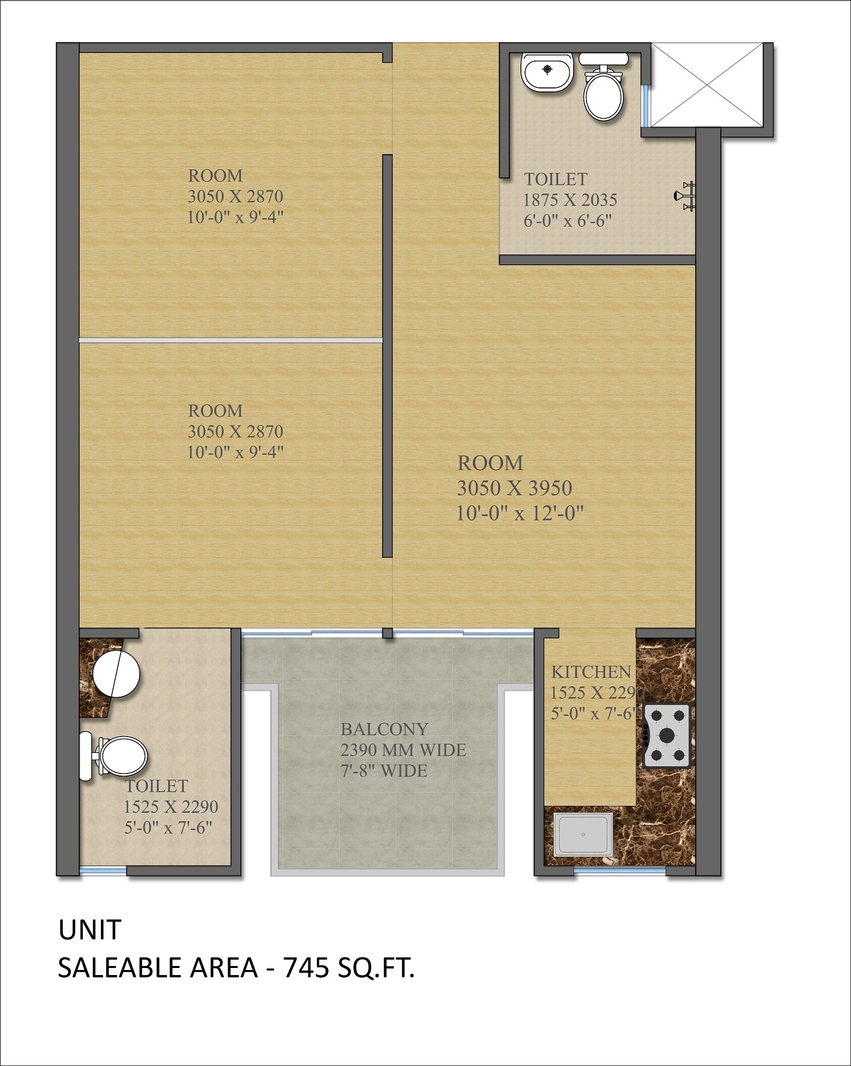 Floor plan of 3 BHK 745 Sq. Ft. Apartment in Gaur City 2 - 14th Avenue, Greater Noida
