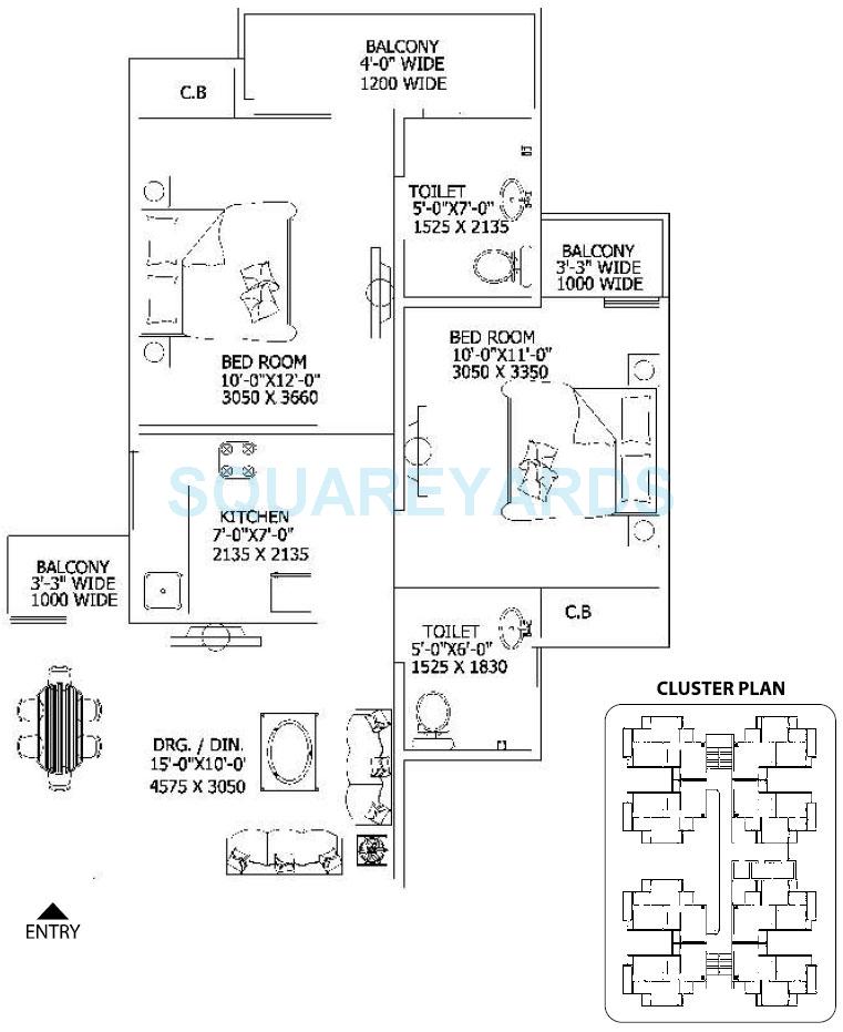 Floor plan of 2 BHK 845 Sq. Ft. Apartment in Gaur City 2 - Sanskriti Vihar, Greater Noida