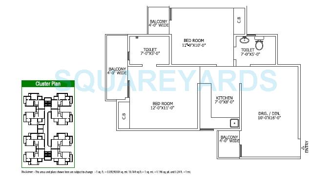 Floor plan of 2 BHK 910 Sq. Ft. Apartment in Gaur City 4th Avenue, Greater Noida