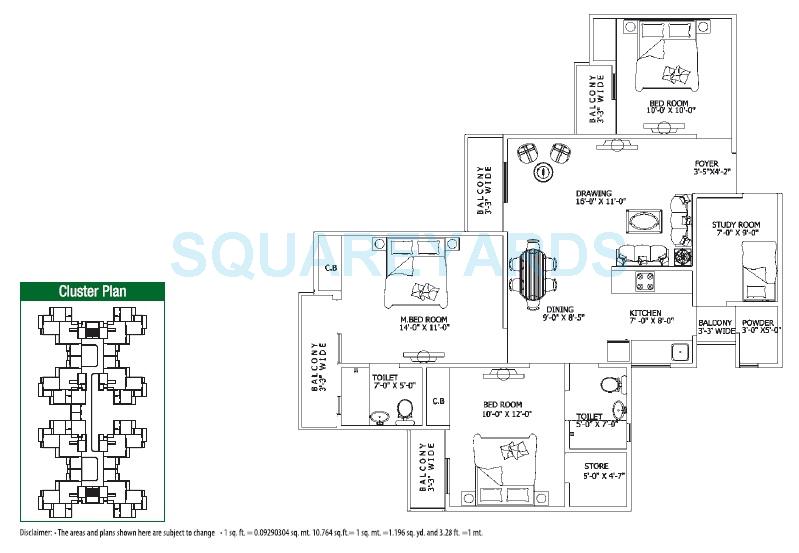 Floor plan of 3 BHK 1400 Sq. Ft. Apartment in Gaur City 4th Avenue, Greater Noida
