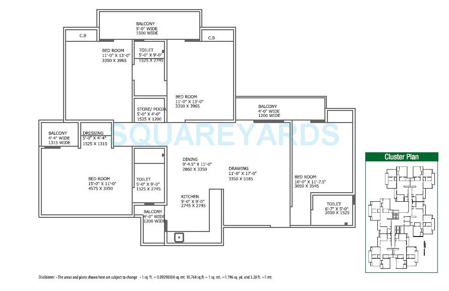 Floor plan of 4 BHK 1855 Sq. Ft. Apartment in Gaur City 4th Avenue, Greater Noida