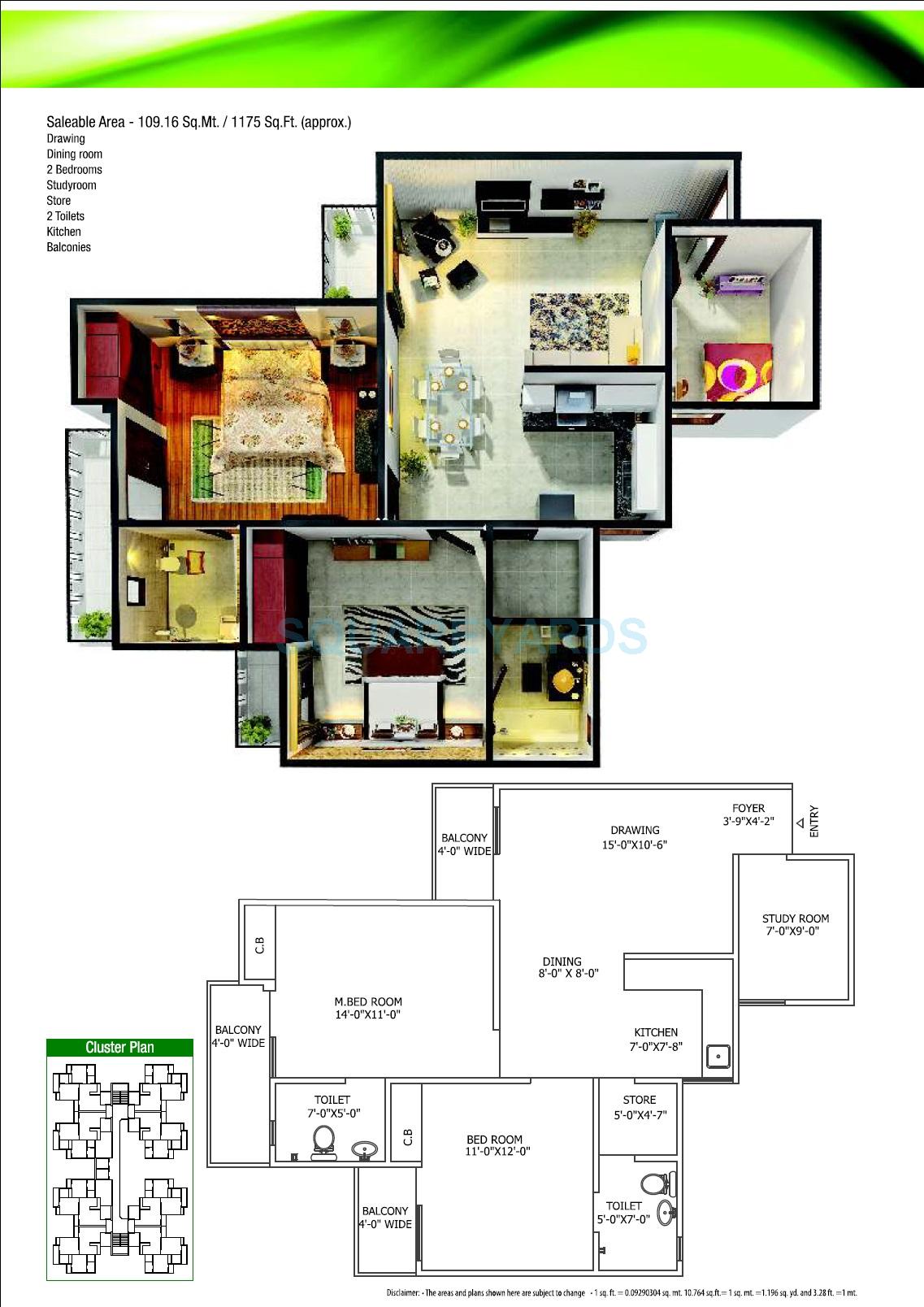 Floor plan of 2 BHK 1175 Sq. Ft. Apartment in Gaur City 5th Avenue, Greater Noida
