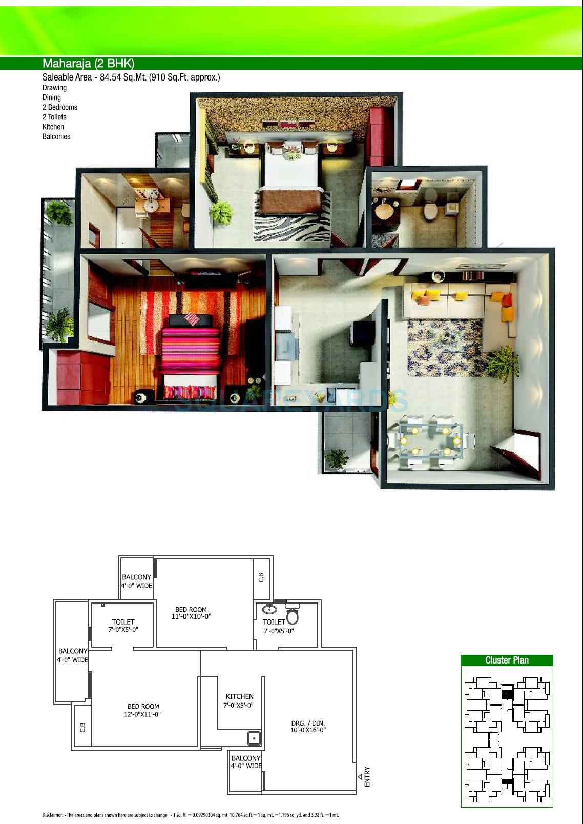 Floor plan of 2 BHK 910 Sq. Ft. Apartment in Gaur City 5th Avenue, Greater Noida