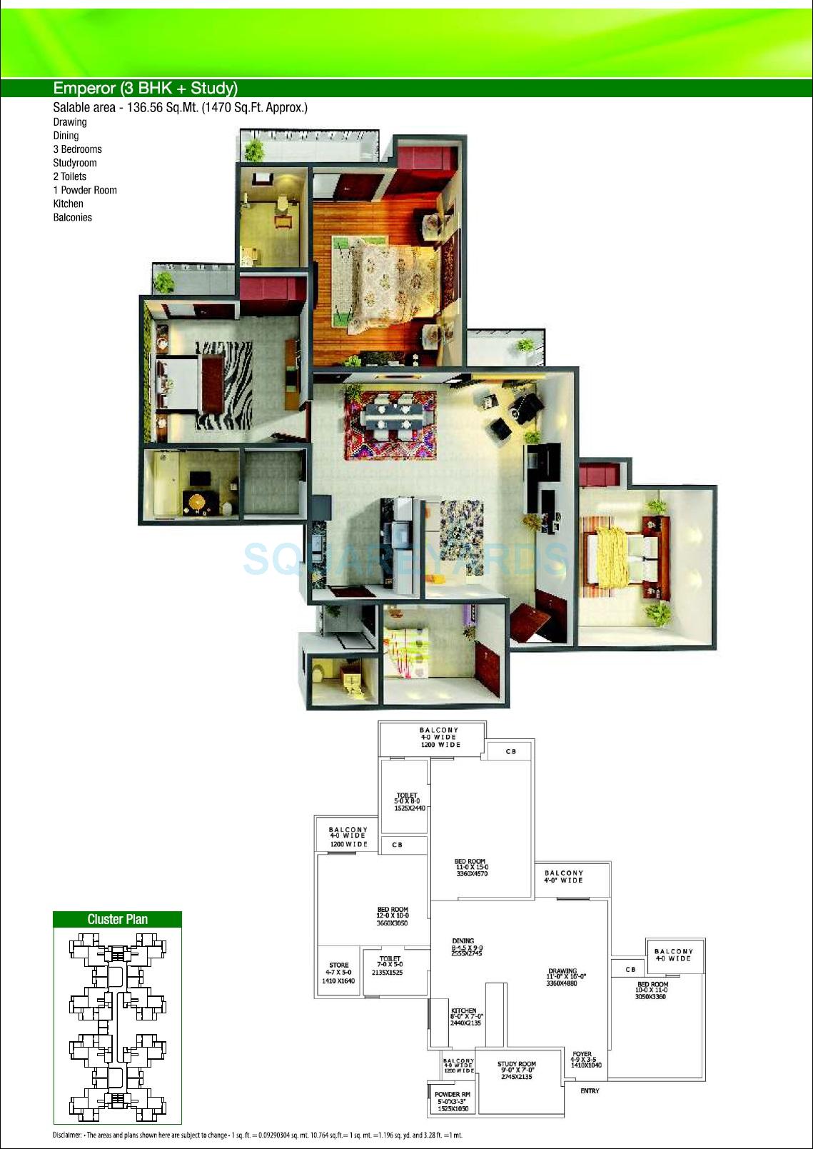 Floor plan of 3 BHK 1470 Sq. Ft. Apartment in Gaur City 5th Avenue, Greater Noida