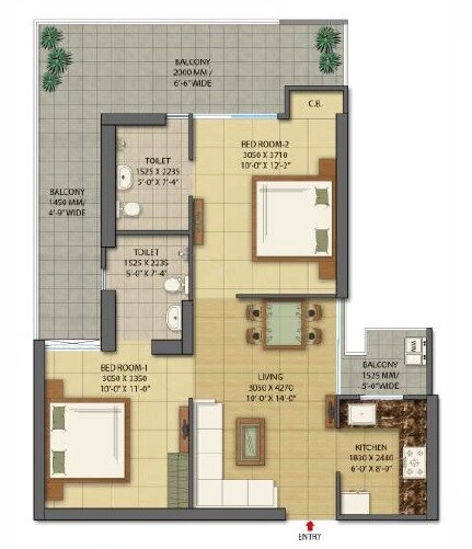 Floor plan of 2 BHK 1075 Sq. Ft. Apartment in Gaur City 7th Avenue, Greater Noida