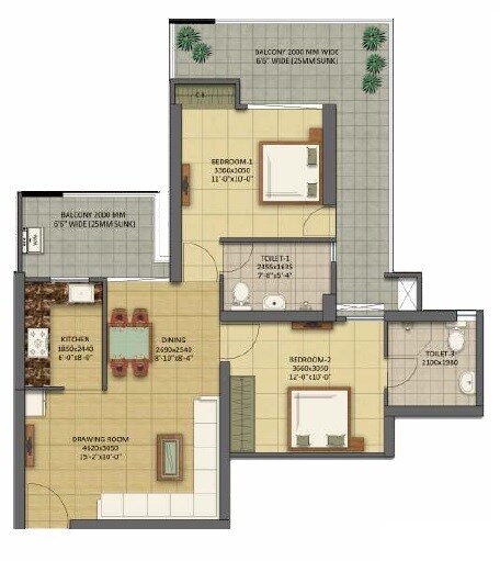 Floor plan of 2 BHK 1165 Sq. Ft. Apartment in Gaur City 7th Avenue, Greater Noida
