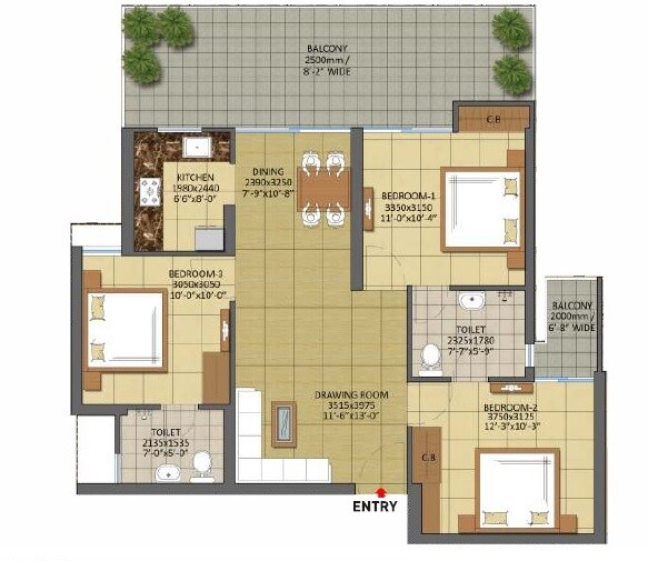 Floor plan of 3 BHK 1350 Sq. Ft. Apartment in Gaur City 7th Avenue, Greater Noida