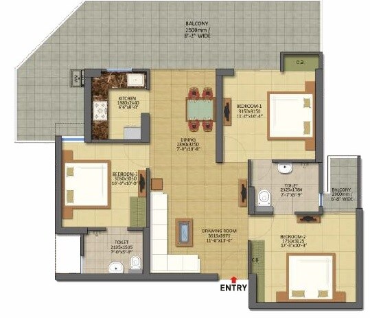 Floor plan of 3 BHK 1450 Sq. Ft. Apartment in Gaur City 7th Avenue, Greater Noida