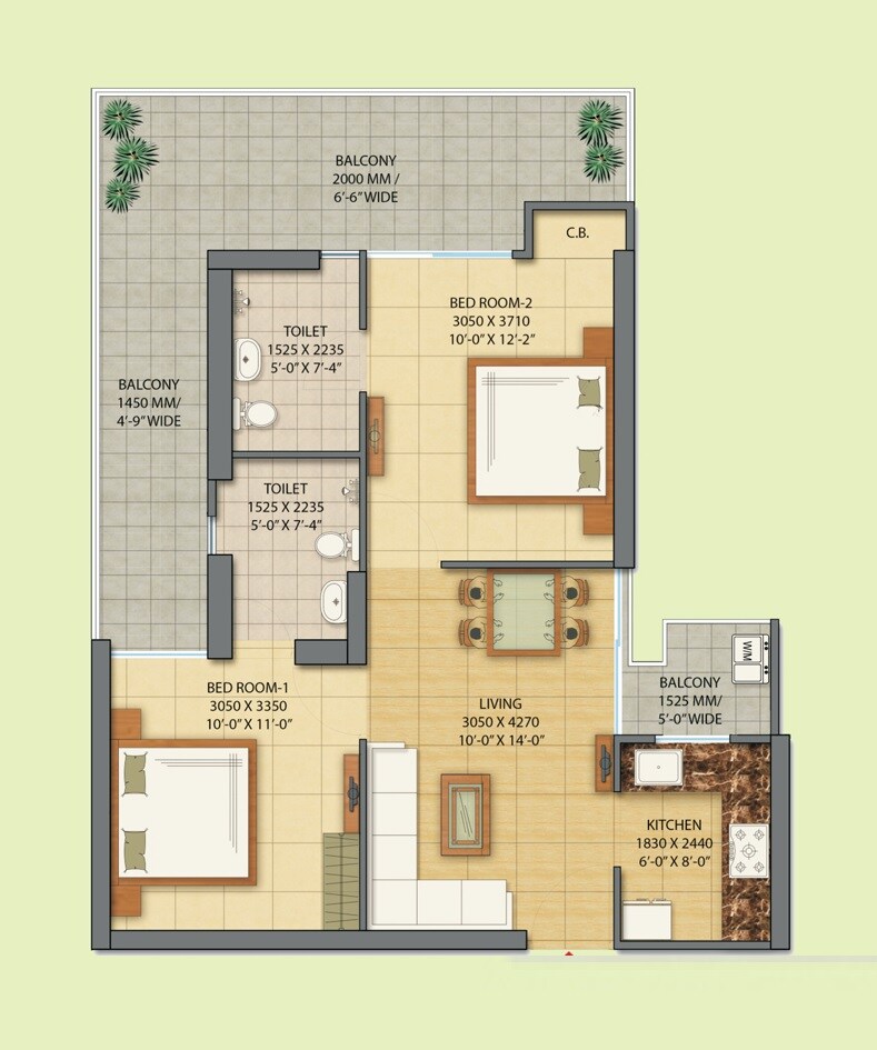 Floor plan of 2 BHK 1055 Sq. Ft. Apartment in Gaur City, Greater Noida