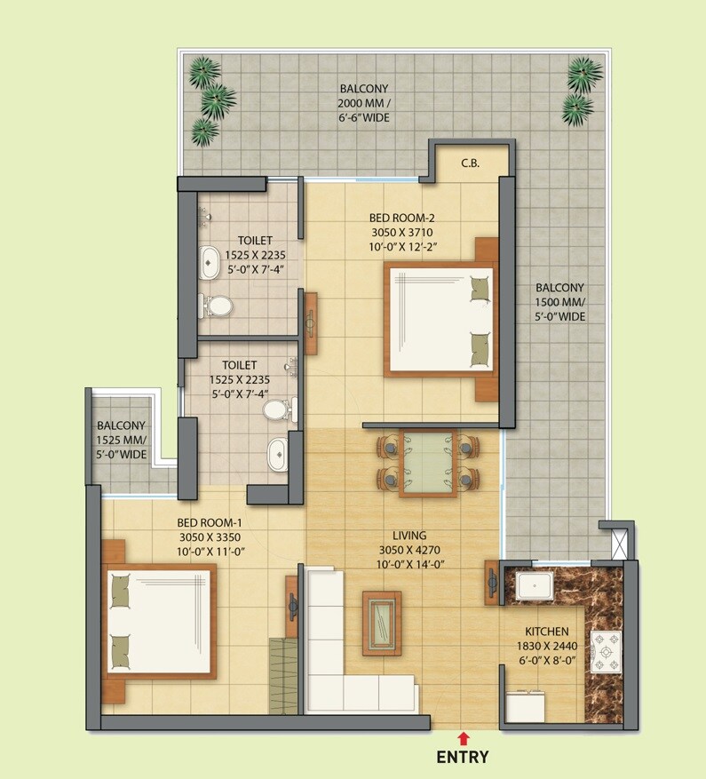 Floor plan of 2 BHK 890 Sq. Ft. Apartment in Gaur City, Greater Noida