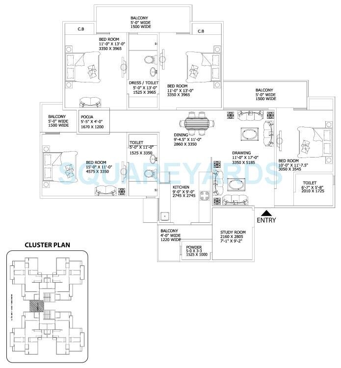 Floor plan of 4 BHK 1995 Sq. Ft. Apartment in Gaur City, Greater Noida