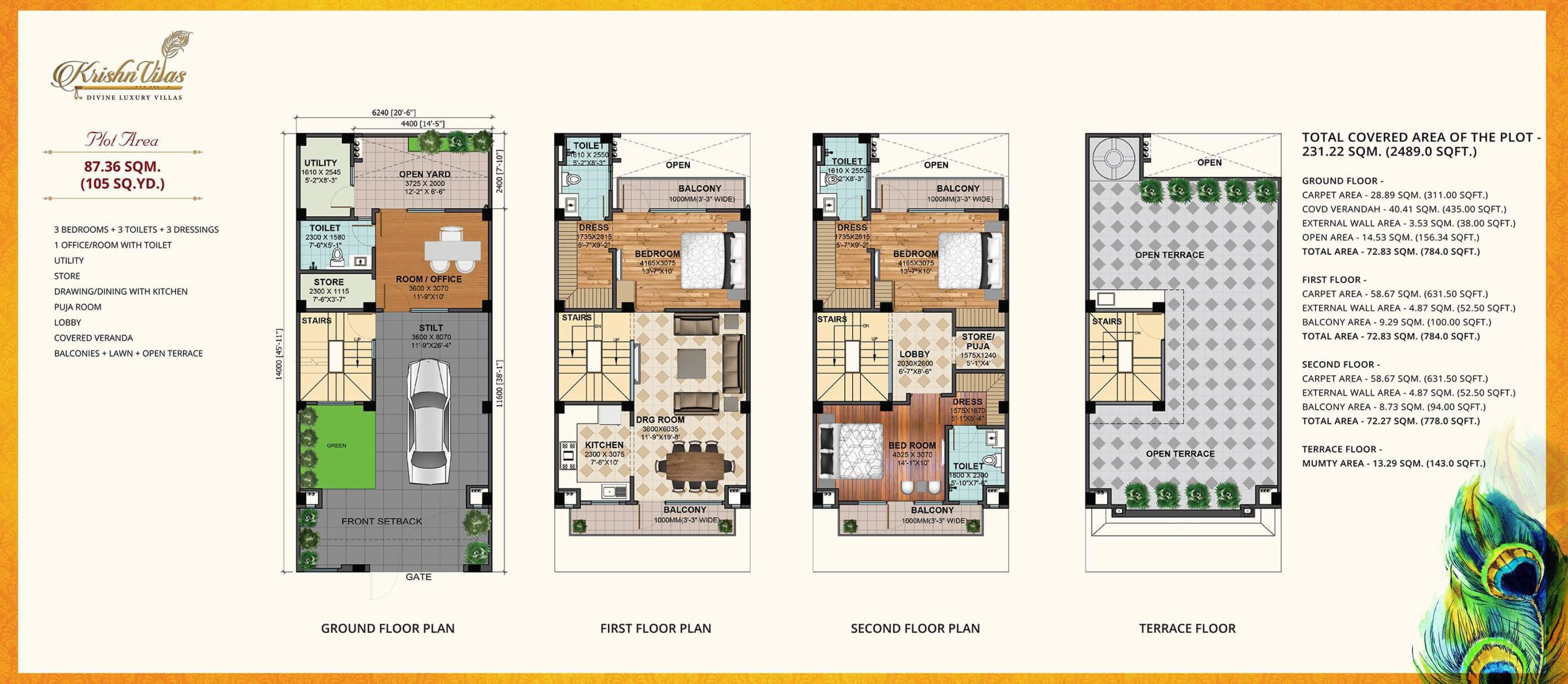Floor plan of 3 BHK 2489 Sq. Ft. Villa in Gaur Krishnvilas, Greater Noida