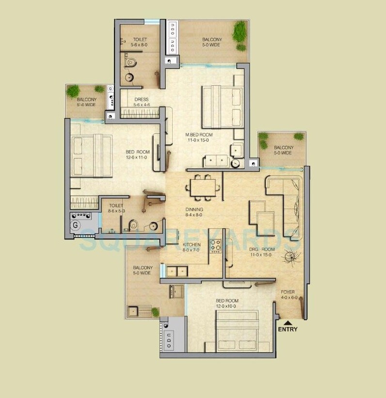 Floor plan of 3 BHK 1595 Sq. Ft. Apartment in Gaur Saundaryam, Greater Noida