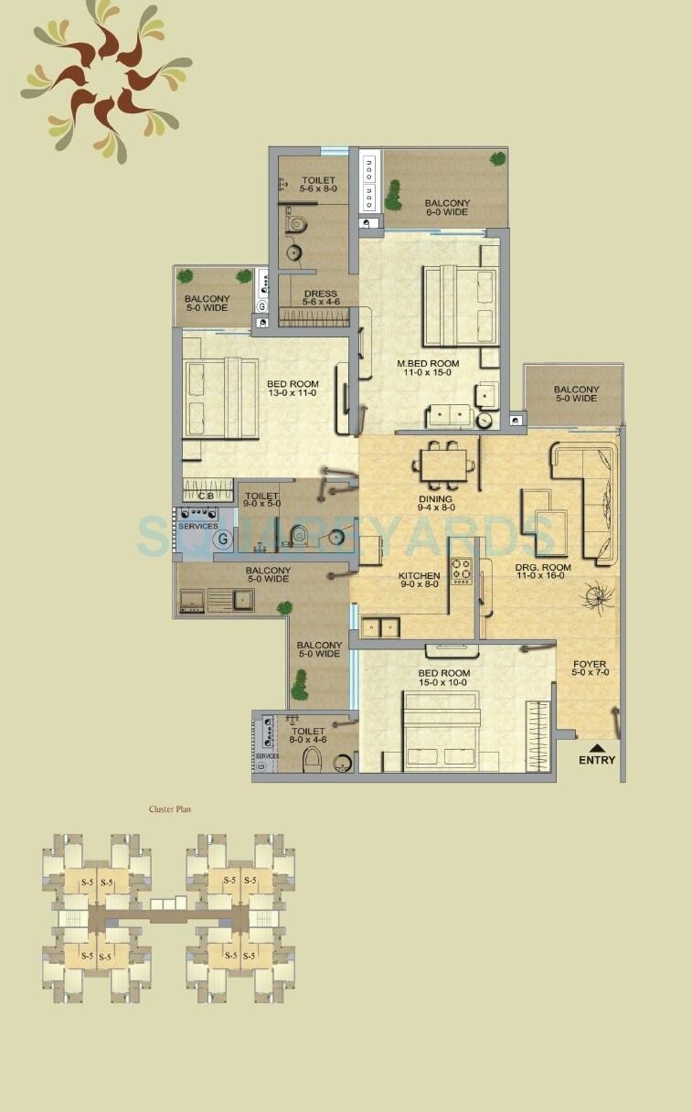 Floor plan of 3 BHK 1650 Sq. Ft. Apartment in Gaur Saundaryam, Greater Noida