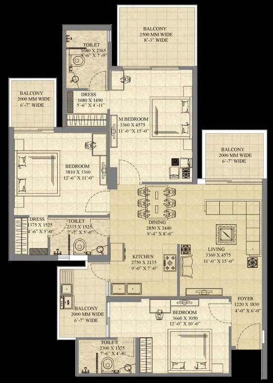 Floor plan of 3 BHK 1700 Sq. Ft. Apartment in Gaur Saundaryam, Greater Noida