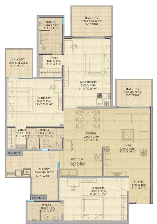 Floor plan of 3 BHK 1850 Sq. Ft. Apartment in Gaur Saundaryam, Greater Noida