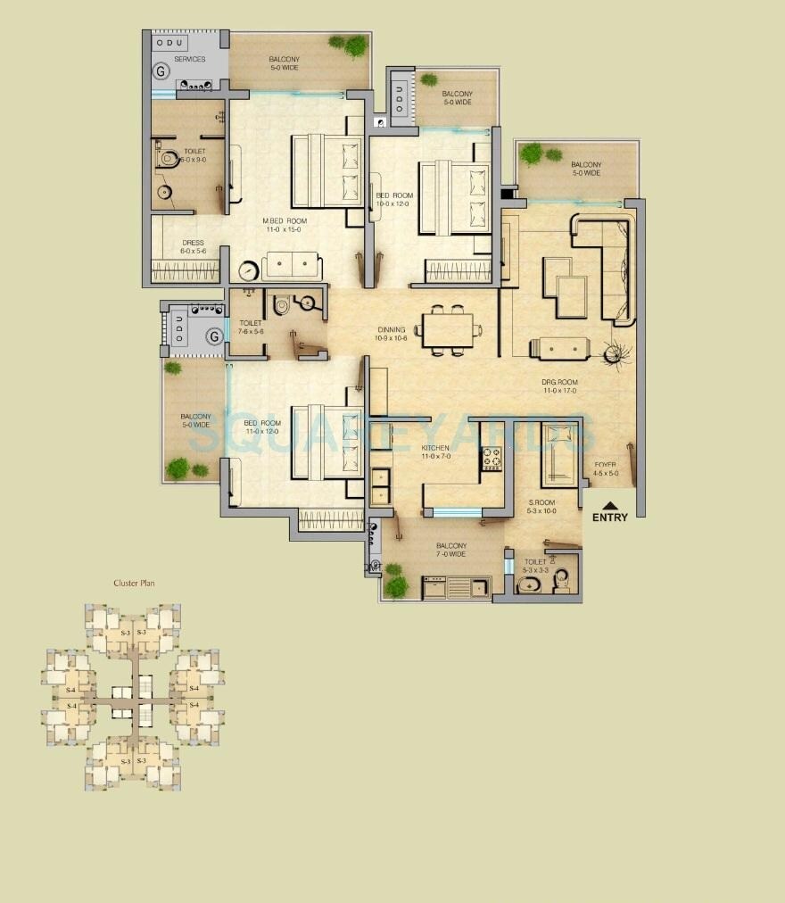 Floor plan of 3 BHK 1990 Sq. Ft. Apartment in Gaur Saundaryam, Greater Noida