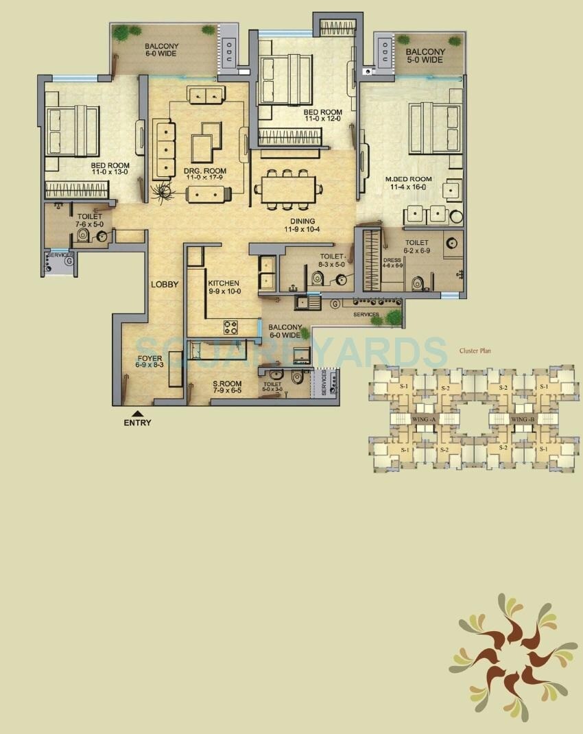 Floor plan of 3 BHK 2075 Sq. Ft. Apartment in Gaur Saundaryam, Greater Noida