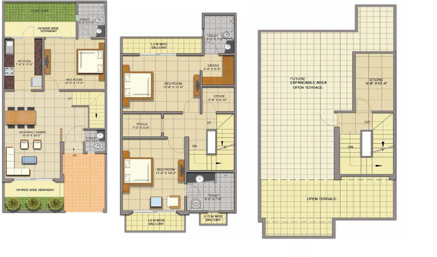 Floor plan of 3 BHK 1728 Sq. Ft. Villa in Gaur Victorian Villas 6th Parkview, Greater Noida