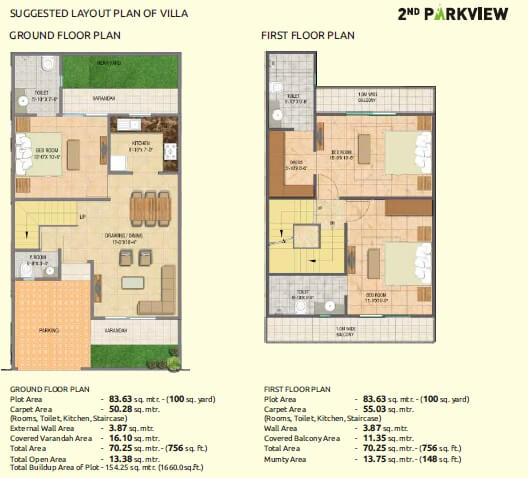 Floor plan of 3 BHK 1655 Sq. Ft. Villa in Gaur Yamuna City 2nd Park View, Greater Noida