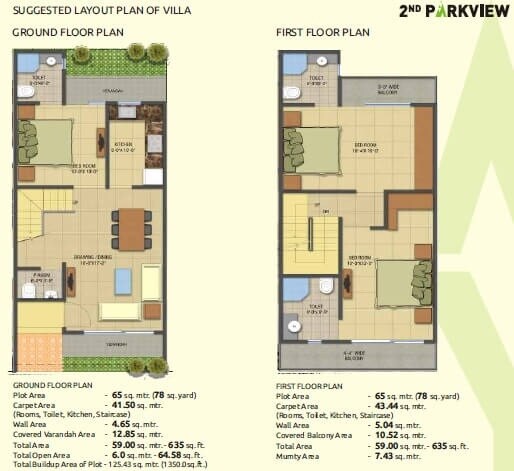 Floor plan of 3 BHK 1350 Sq. Ft. Villa in Gaur Yamuna City 2nd Park View, Greater Noida