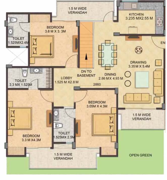 Floor plan of 3 BHK 1620 Sq. Ft. Ind Floor in Gaurs 16th Parkview Independent Floors, Greater Noida