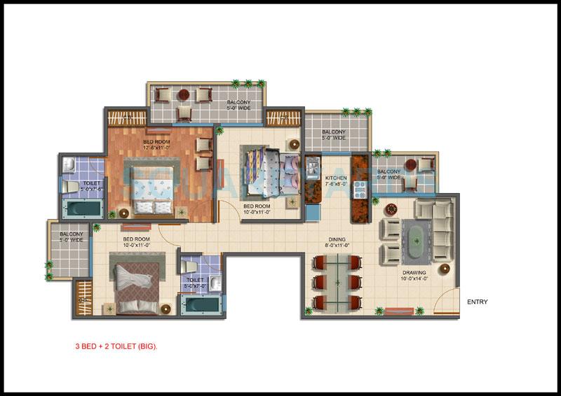 Floor plan of 3 BHK 1382 Sq. Ft. Apartment in Gayatri Aura, Greater Noida