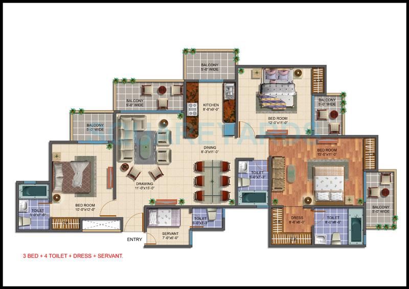 Floor plan of 3 BHK 1563 Sq. Ft. Apartment in Gayatri Aura, Greater Noida