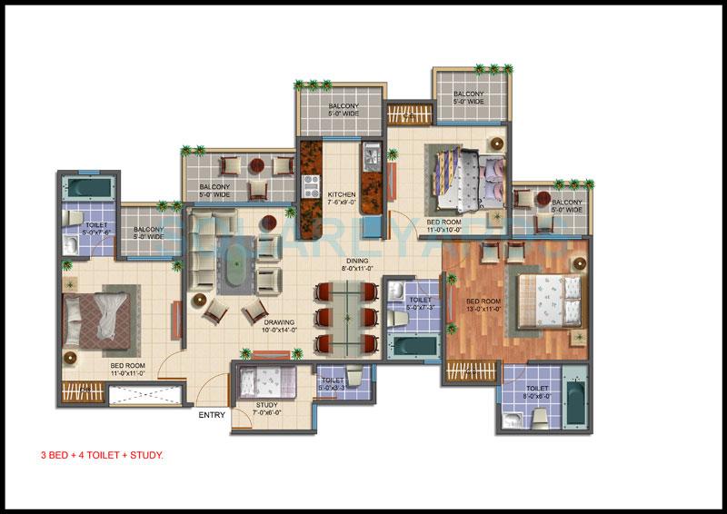 Floor plan of 3 BHK 1760 Sq. Ft. Apartment in Gayatri Aura, Greater Noida