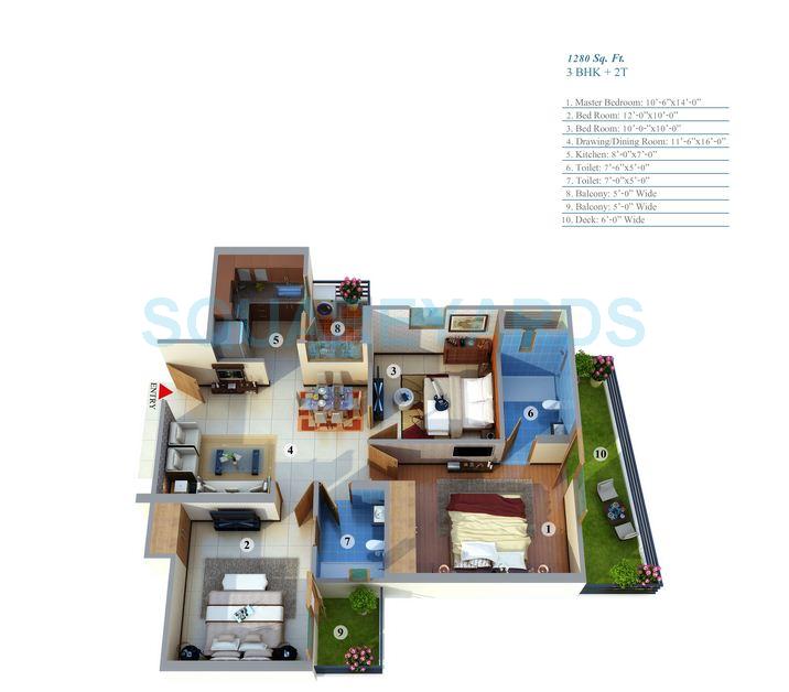 3 BHK 1280 Sq. Ft. Apartment