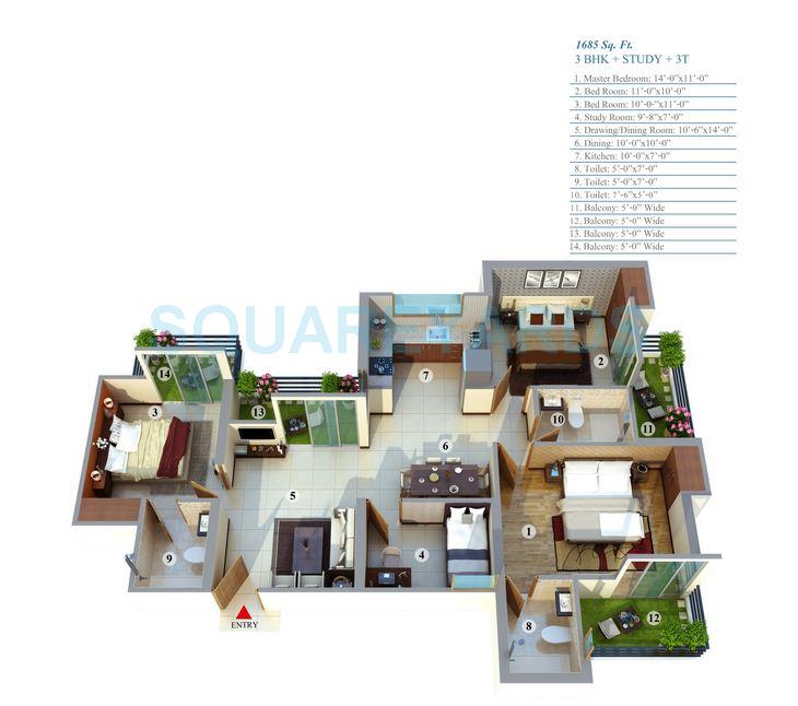 Floor plan of 3 BHK 1685 Sq. Ft. Apartment in Gayatri Life, Greater Noida