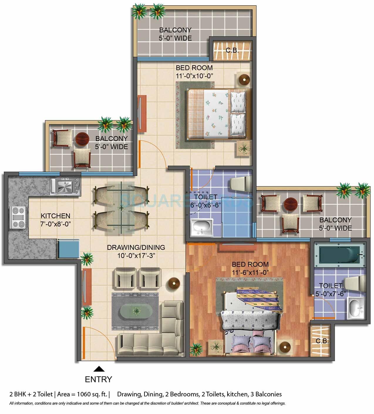 Floor plan of 2 BHK Apartment - 1060 sq. ft. in Geotech Pristine Avenue, Greater Noida