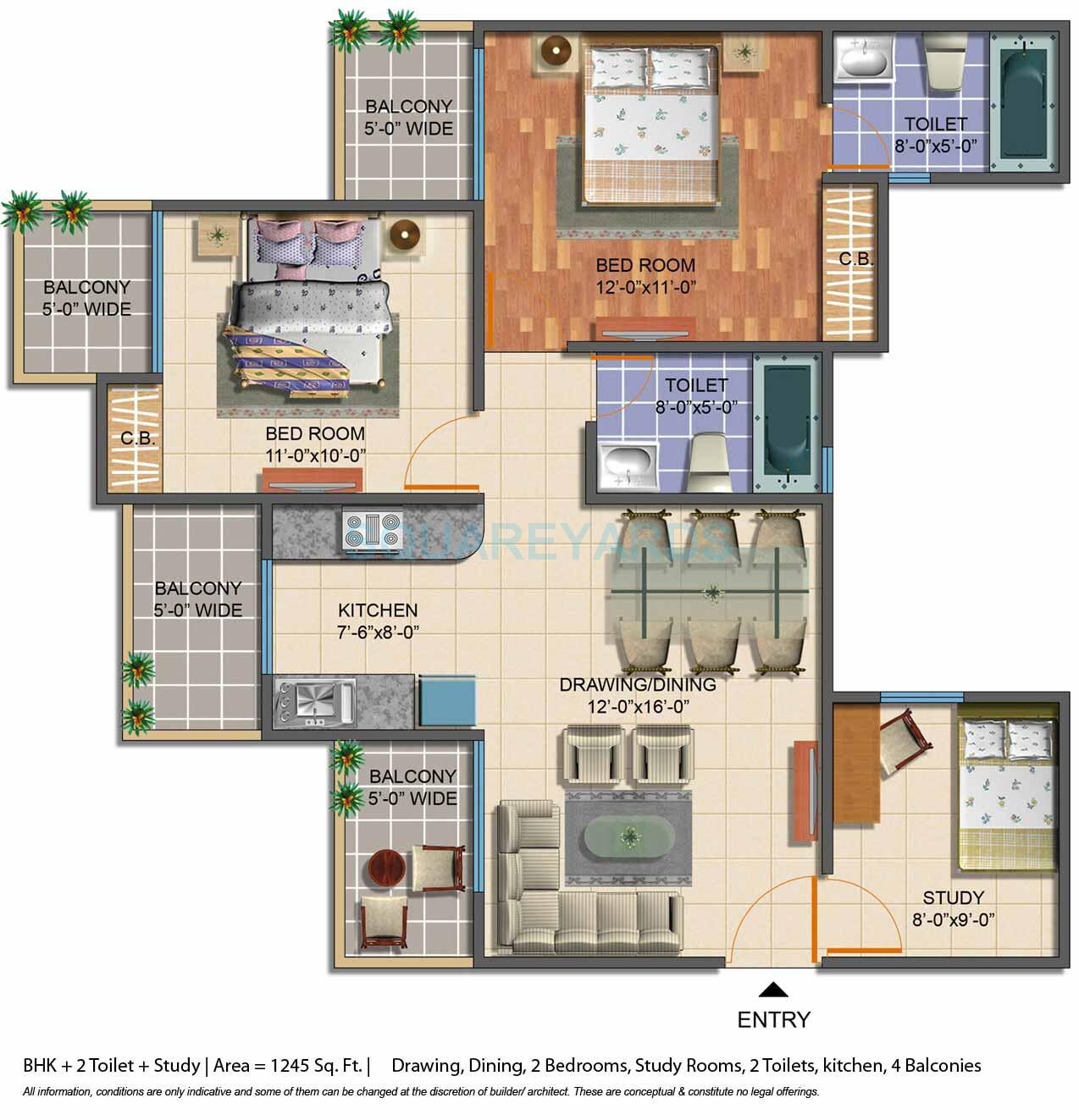 Floor plan of 2 BHK Apartment - 1245 sq. ft. in Geotech Pristine Avenue, Greater Noida