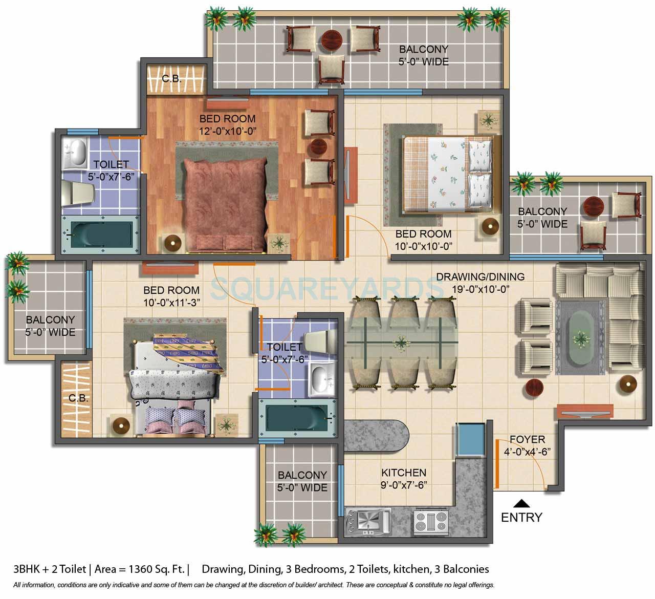 Floor plan of 3 BHK Apartment - 1360 sq. ft. in Geotech Pristine Avenue, Greater Noida