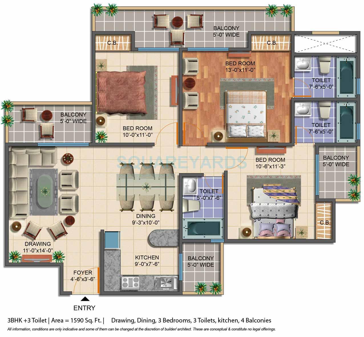 Floor plan of 3 BHK Apartment - 1590 sq. ft. in Geotech Pristine Avenue, Greater Noida