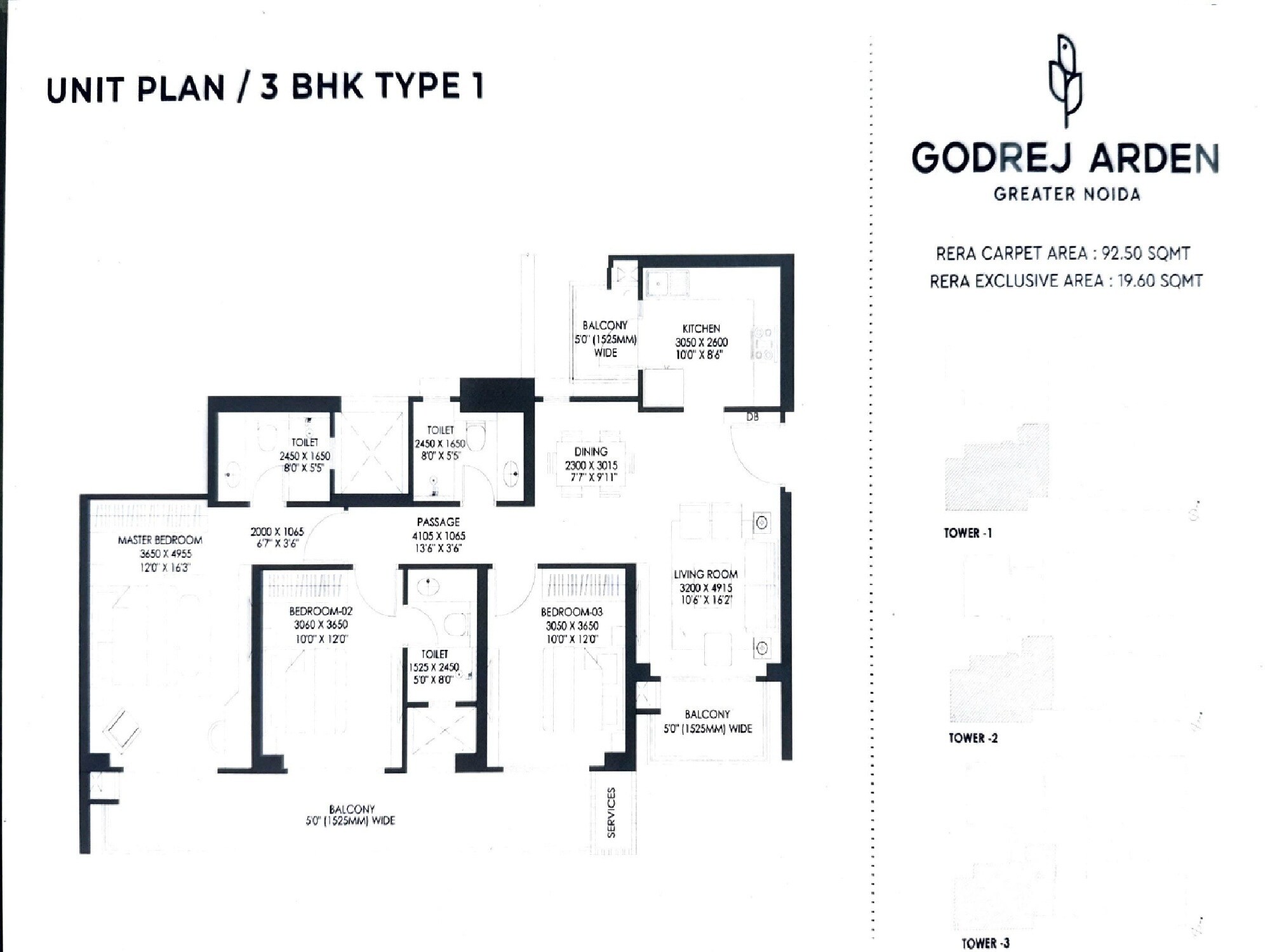 Floor plan of 3 BHK 1880 Sq. Ft. Apartment in Godrej Arden, Greater Noida