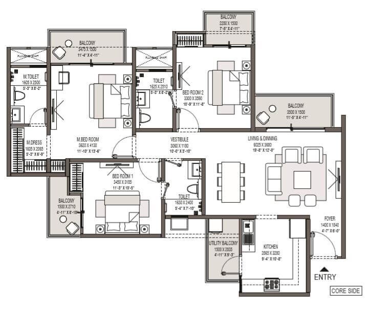 Floor plan of 3 BHK 1244 Sq. Ft. Apartment in Godrej Park Avenue, Greater Noida
