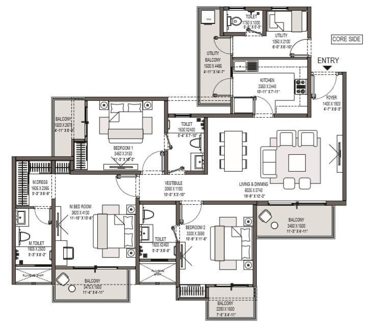 Floor plan of 3 BHK 1331 Sq. Ft. Apartment in Godrej Park Avenue, Greater Noida