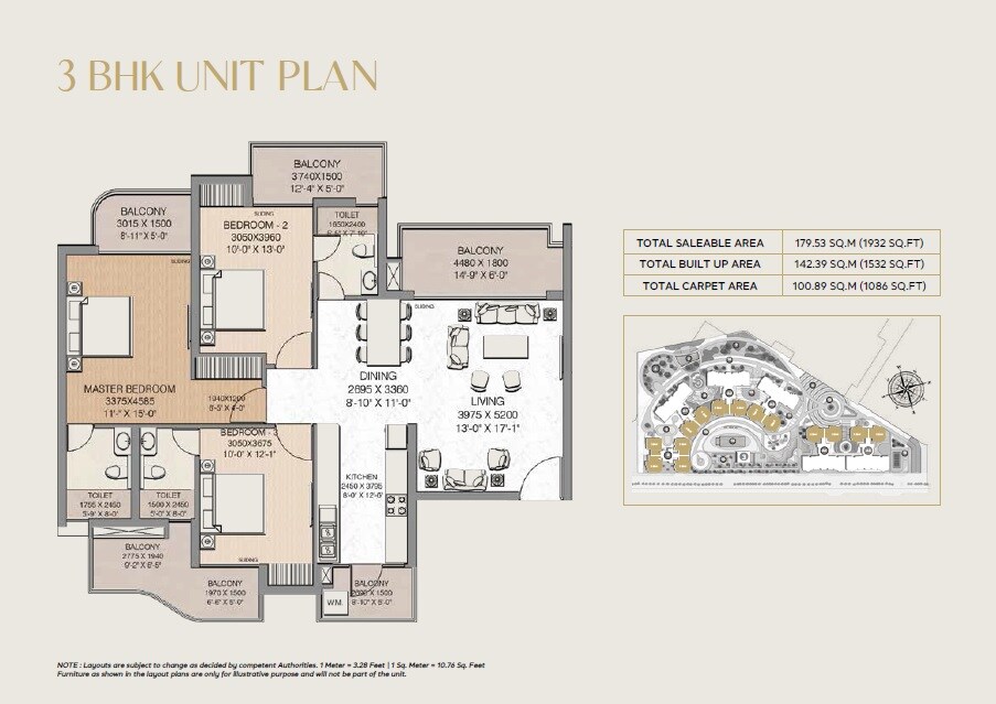 Floor plan of 3 BHK 1932 Sq. Ft. Apartment in Great Value Eternia, Greater Noida