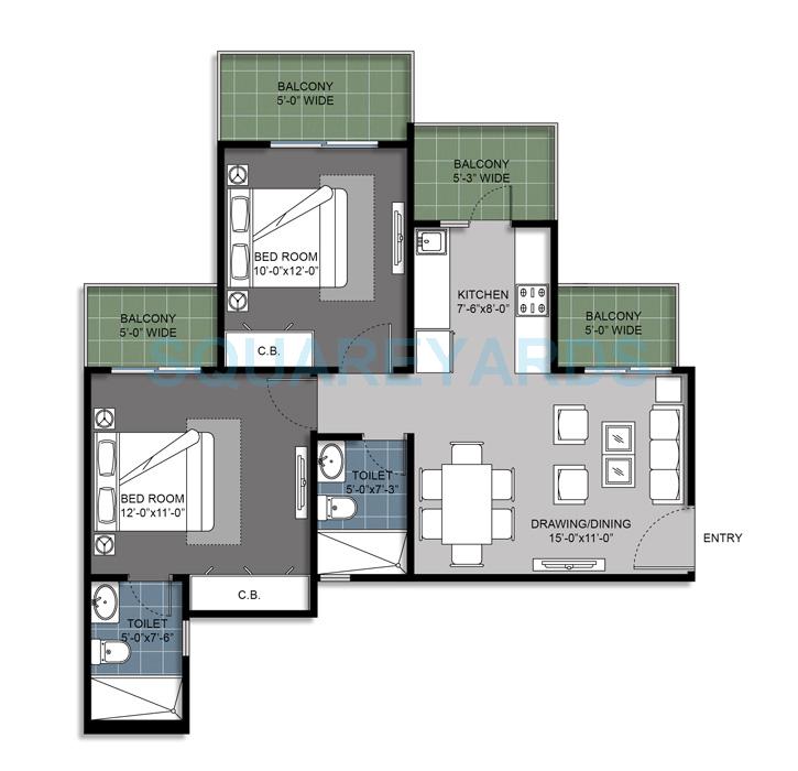 Floor plan of 2 BHK 1020 Sq. Ft. Apartment in Gulshan Bellina, Greater Noida