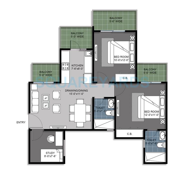 Floor plan of 2 BHK 1105 Sq. Ft. Apartment in Gulshan Bellina, Greater Noida