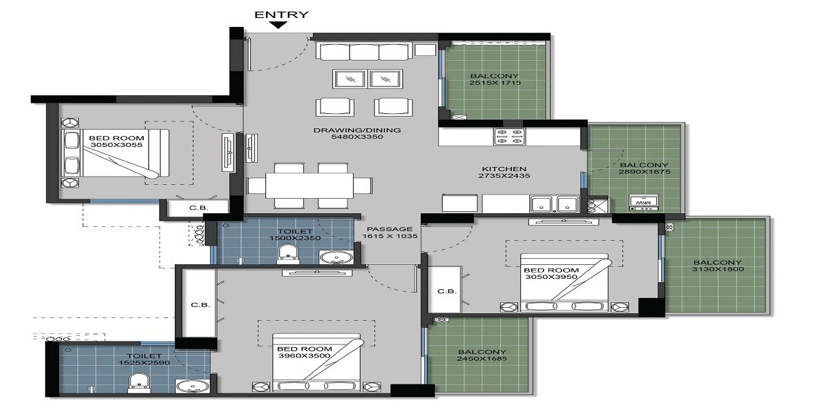 Floor plan of 3 BHK 1330 Sq. Ft. Apartment in Gulshan Bellina, Greater Noida