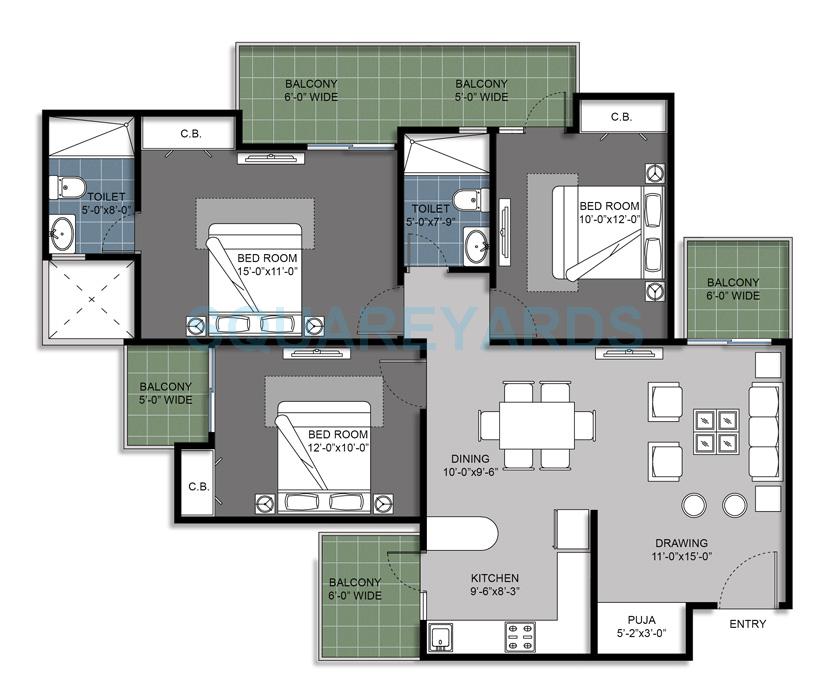 Floor plan of 3 BHK 1495 Sq. Ft. Apartment in Gulshan Bellina, Greater Noida