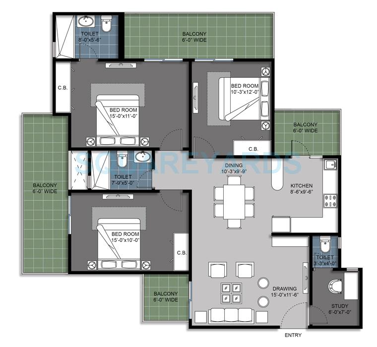 Floor plan of 3 BHK 1745 Sq. Ft. Apartment in Gulshan Bellina, Greater Noida